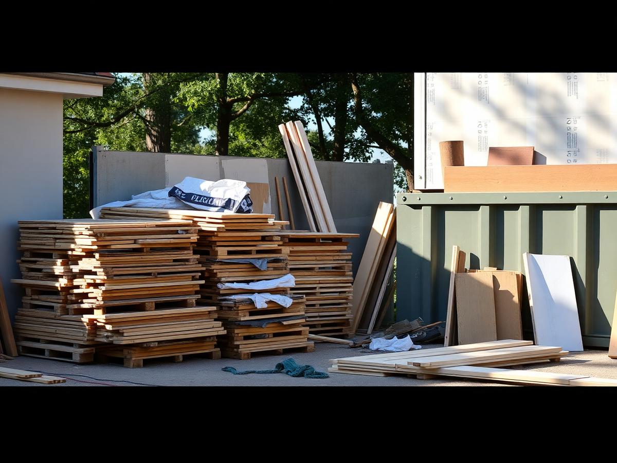 Construction debris loaded into a roll-off dumpster at a jobsite